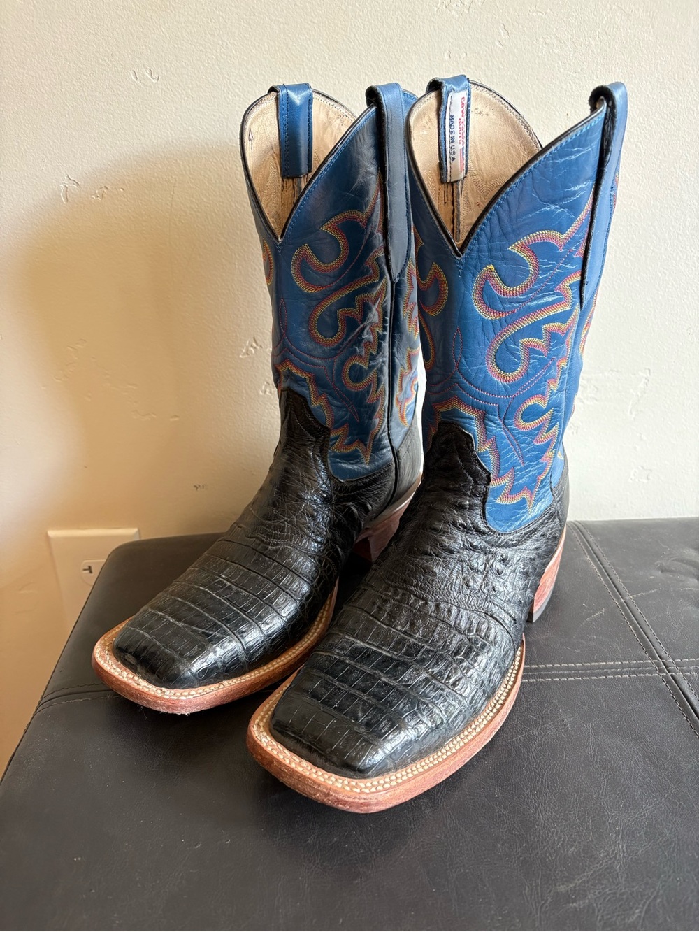 Men's Black Crocodile Square-Toe Cowboy Boots with Blue Stitch Shaft